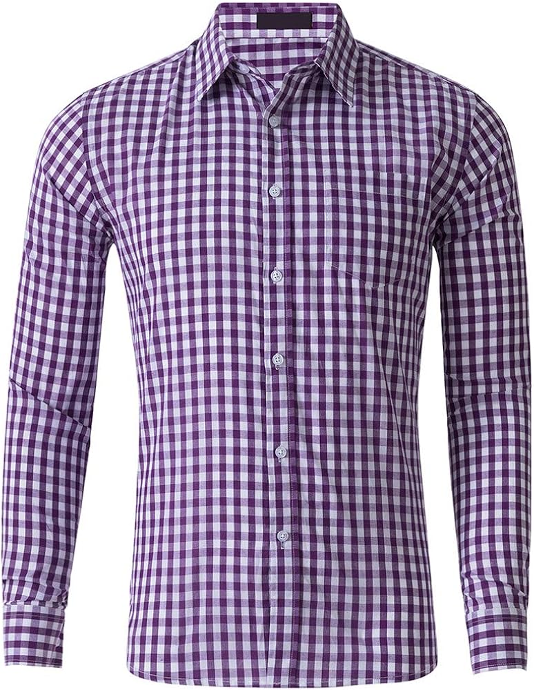 Men Plaid Cotton Casual Slim Fit Long Sleeve Button Down Dress Shirts