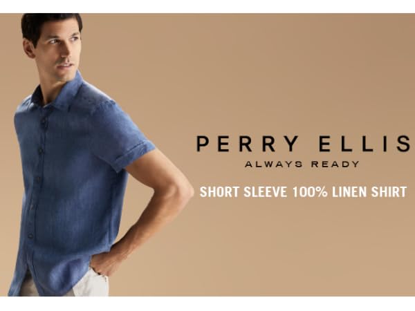 Perry Ellis Men''s Short Sleeve 100% Linen Button-up Shirt