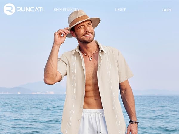 Runcati Mens Linen Shirt Guayabera Cuban Short Sleeve Button Down Cotton Summer Beach Hippie Shirts