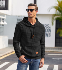 Mens Hoodies Pullover Long Sleeve Drawstring Waffle Knit Plaid Hooded Sweatshirt with Kanga Pocket