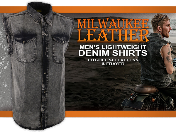 milwaukee leather mens cotton denim sleeveless shirt for bikers casual wear frayed cut off sleeves