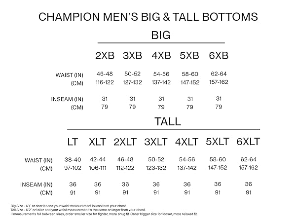 Champion Men''s Big & Tall Bottoms SIze Chart