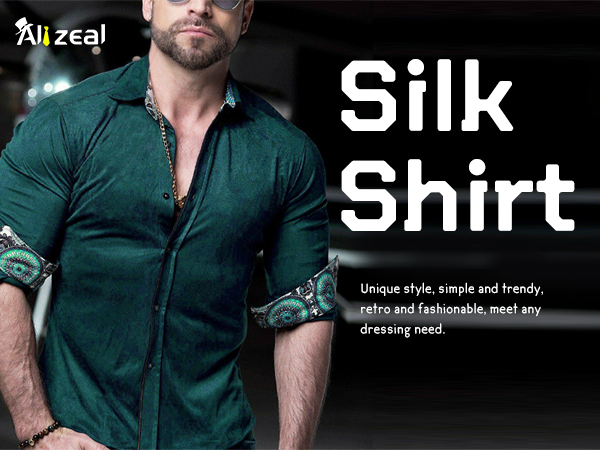 Mens Shiny Satin Luxury Jacquard Business Casual Long Sleeve