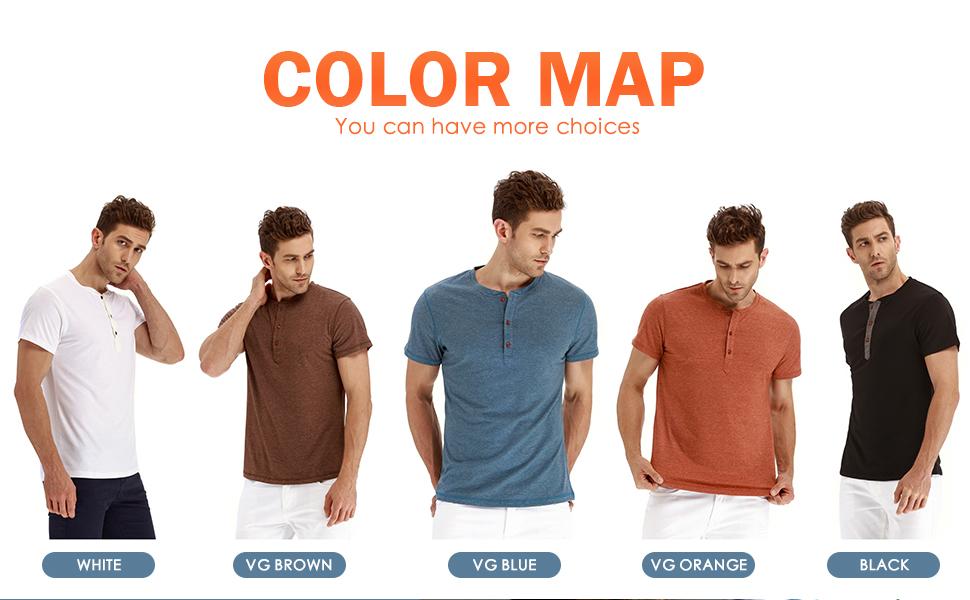 Henley t-shirts of various colors