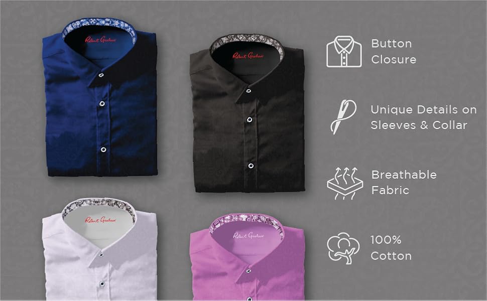 Four Robert Graham button-down shirts. Text reads: Breathable fabric and 100 percent cotton.