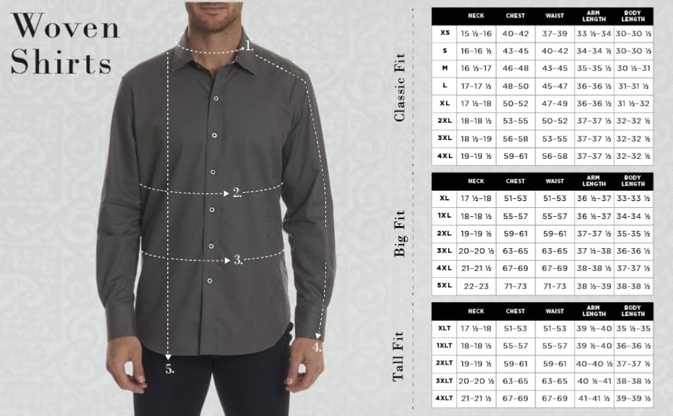 A size chart and a man wearing a gray button-up shirt. Text reads: Woven shirts.