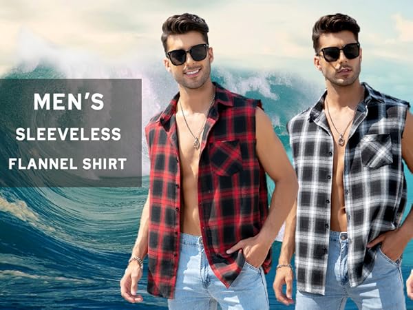 Mens sleeveless flannel shirt with plaid design for summer wear