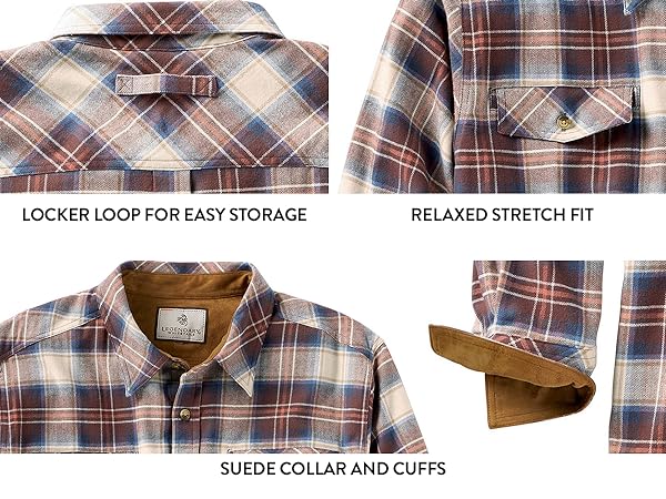 locker loop for easy storage, relaxed stretch fi, suede collar and cuffs, men, plaid, flannel, shirt