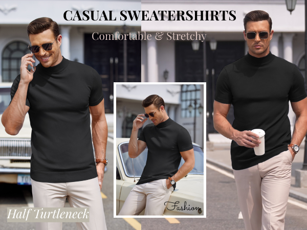 Mens Slim Fit Basic Tops Short Sleeve Turtleneck Rib Knitted Stretch Pullover