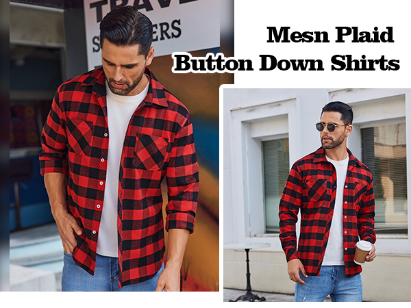 Mens Flannel Plaid Shirt Casual Long Sleeve Button Down Shirts with Pockets