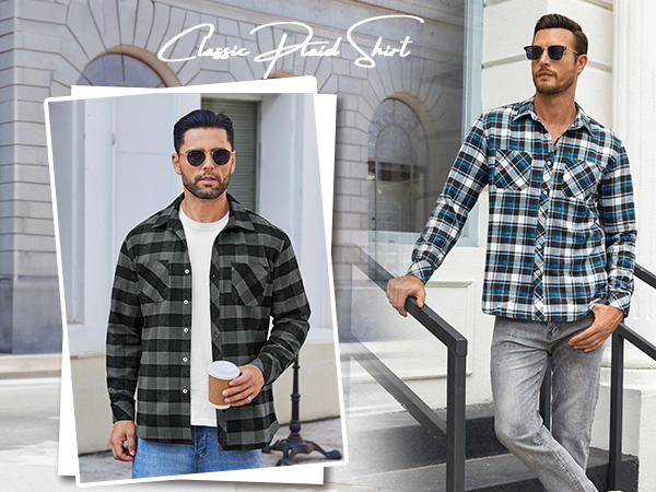 Men''s Plaid Button Down Shirts Long Sleeve Cotton Shirt Casual Shacket Jacket