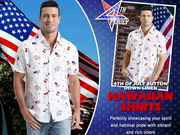 4th of July Button Down Linen Hawaiian Shirts