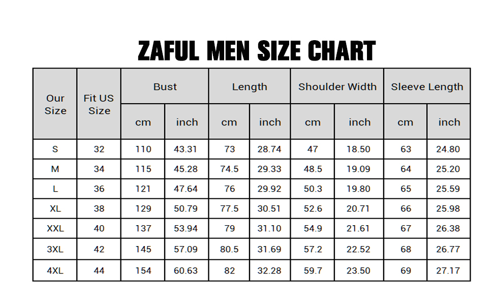 men size chart