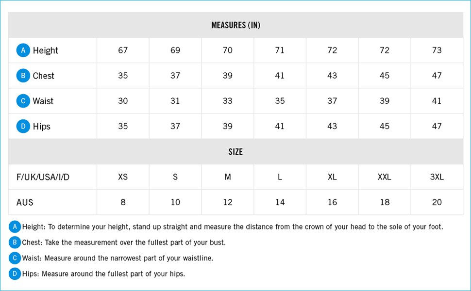 size chart for unisex apparel from arena''s icons collection