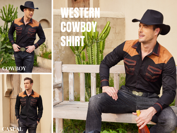 Men''s Western Shirt Long Sleeve Slim Fit Vintage Cowboy Embroidered Shirt