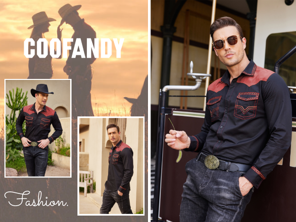 COOFANDY Men''s Western Cowboy Embroidered Long Sleeve Casual Button Down Shirt