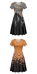 Cute Halloween Skeleton Spider Web Pumpkin Bat Print Vintage Dress