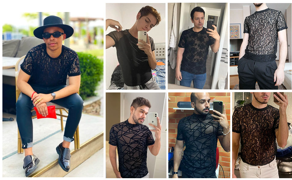 Men''s Floral Print Sheer Mesh Short Sleeve T Shirt Round Neck Tee Top