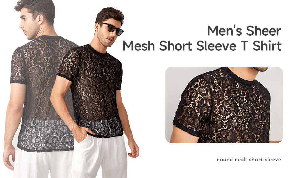 Men''s Floral Print Sheer Mesh Short Sleeve T Shirt Round Neck Tee Top