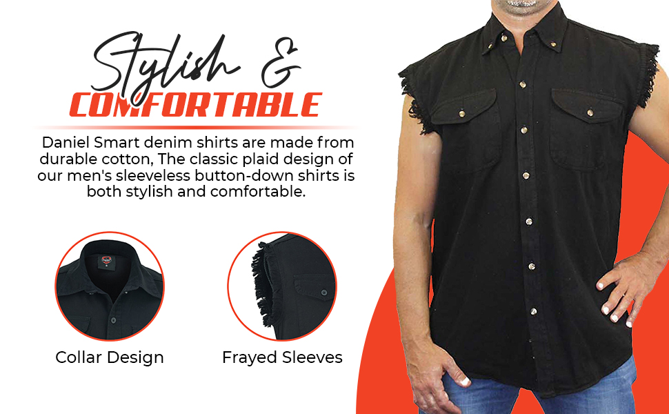 Cotton Denim Sleeveless Frayed Button Down Shirts for Men with Front Chest Pockets.