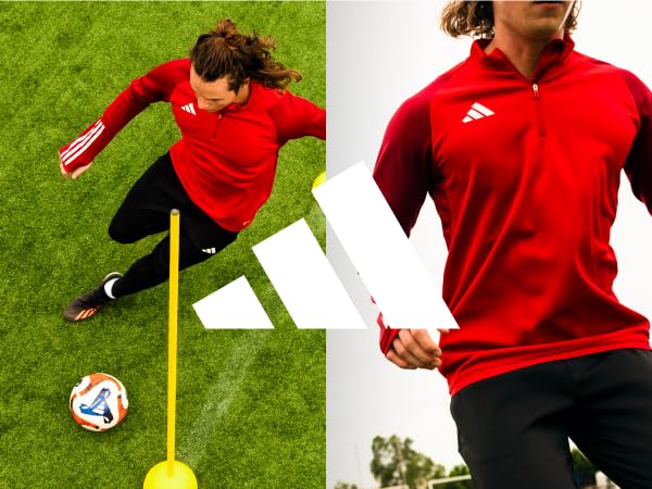 Photo montage of man playing soccer and wearing red adidas Tiro 23 jacket 