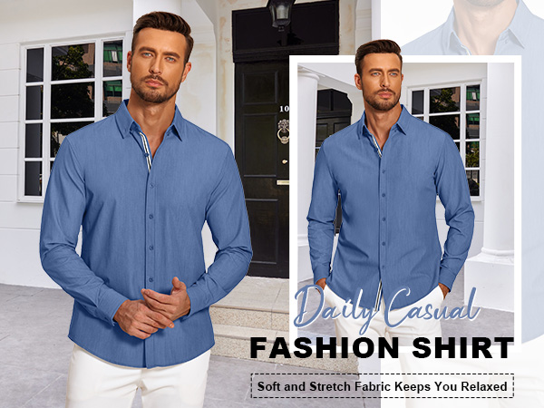 COOFANDY Mens Casual Dress Shirt Button Down Shirts Long-Sleeve Denim Work Shirt