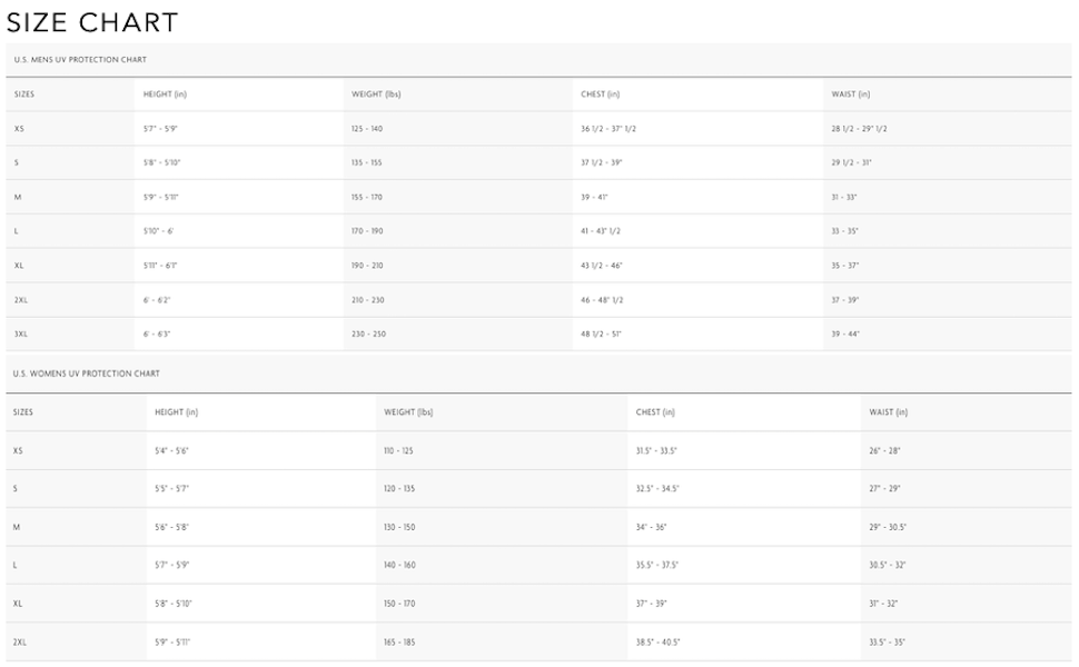 mens and womens rash guard size chart