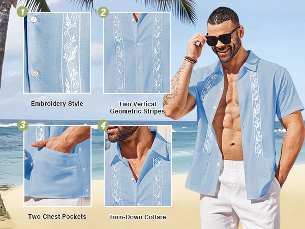 Mens Cuban Guayabera Shirts Cotton Linen Short Sleeve Shirt