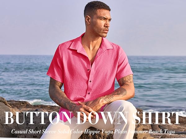 Mens Button Down Shirt Casual Short Sleeve Solid Color Hippie Yoga Plain Summer Beach Tops