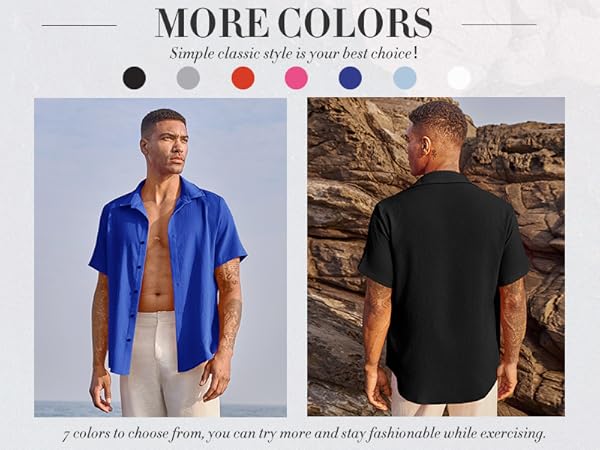 Mens Button Down Shirt Casual Short Sleeve Solid Color Hippie Yoga Plain Summer Beach Tops