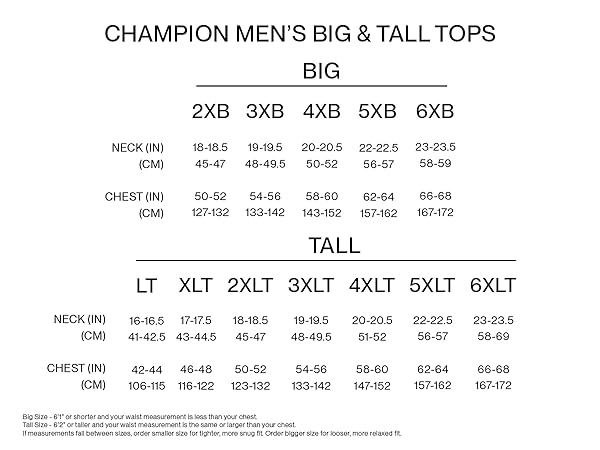 Champion Men''s Big & Tall Tops Size Chart