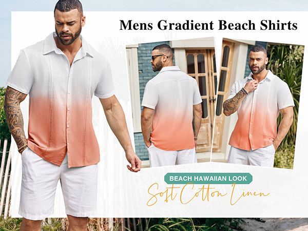 Mens Gradient Cuban Shirts Button Down Short Sleeve Casual Beach Summer Shirt 2024