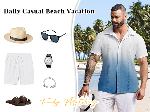 Men''s Gradient Shirt Casual Button-Down Summer Cuban Guayabera Shirts Short Sleeve Beach Shirts