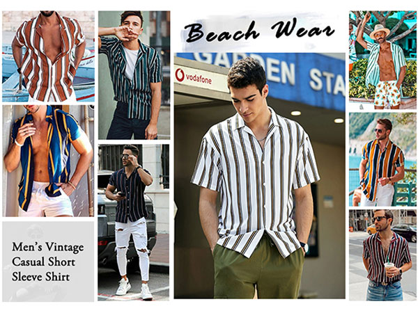 COOFANDY Men''s Striped Button Down Shirts Short Sleeve Summer Hawaiian Beach Shirts