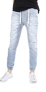 men denim motor joggers jogging pants casual slim fit drawstring sweatpants spandex stretch jeans