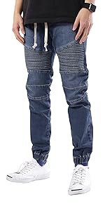 men denim motor joggers jogging pants casual slim fit drawstring sweatpants spandex stretch biker