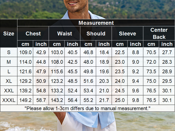 Summer Vacation Shirts for Men Size Chart