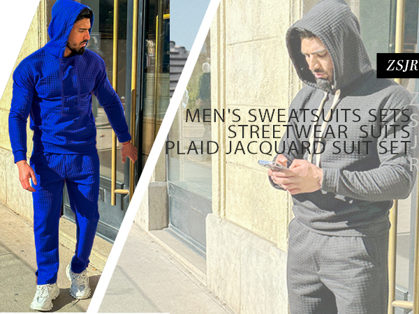 Mens Sweatsuits Sets 2 Piece Outfits Hooded Athletic Tracksuit Plaid Jacquard Jogging Suit Set