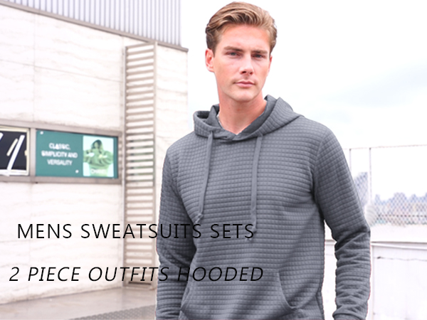 Mens Sweatsuits Sets 2 Piece Outfits Hooded Athletic Tracksuit Plaid Jacquard Jogging Suit Set