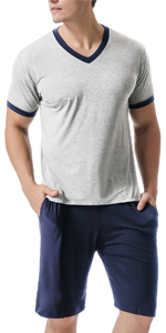 Men''s Pajamas Set Short Sleeve V Neck Modal Soft Sleepwear PJS set 2 Piece Nightwear with Pockets 