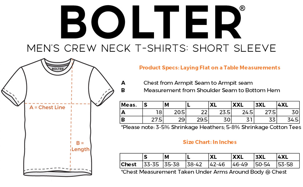 bolter mens crew neck tshirts tee short sleeve crewneck size chart s m l xl xxl 2x 3x 4x 