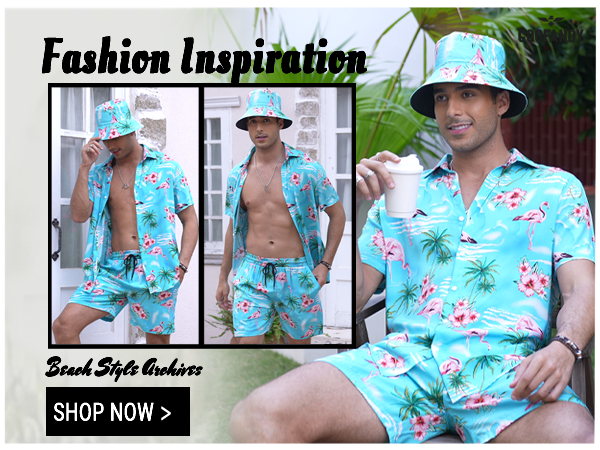 Casual Button Down Beach Floral Suits with Bucket Hats