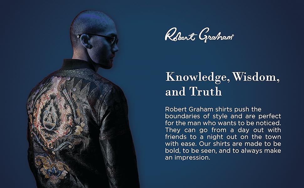 A model wearing a colorful printed men’s dress shirt. Text reads: Knowledge, wisdom, and truth.