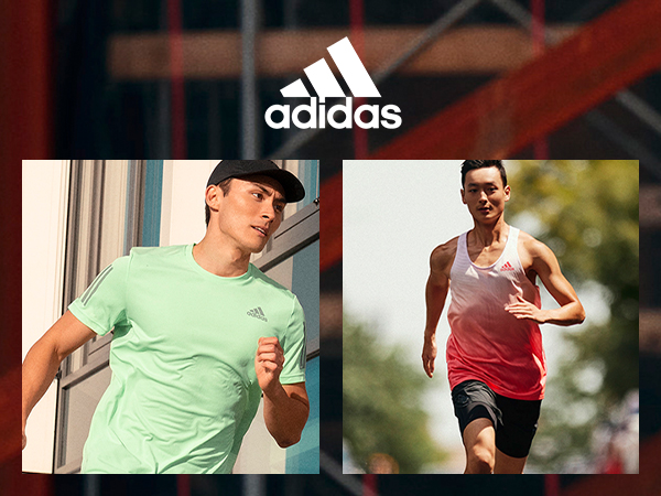 Image collage with text next to male models wearing Adidas clothing