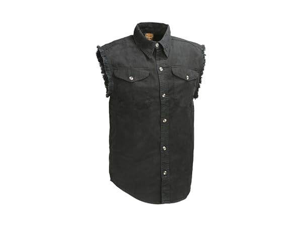 milwaukee leather mens cotton denim sleeveless shirt for bikers casual wear frayed cut off sleeves