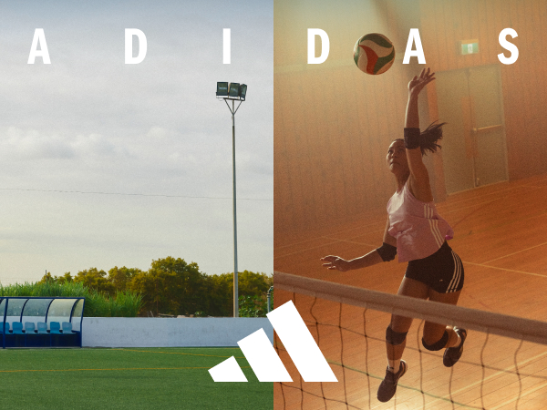 adidas logo with a soccer pitch image and volleyball image