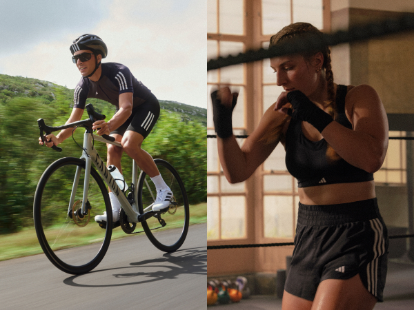 adidas image collage of a male cyclist, baseball homebase, and female boxer