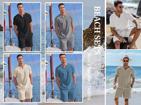 Men''s Two-piece Casual Cotton Linen Set Short Sleeve Beach Shirts and Sets