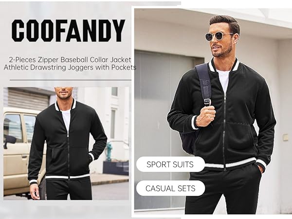 Coofandy Tracksuit Zip Up Big and Tall 2 Piece Sweat Suits with Pockets