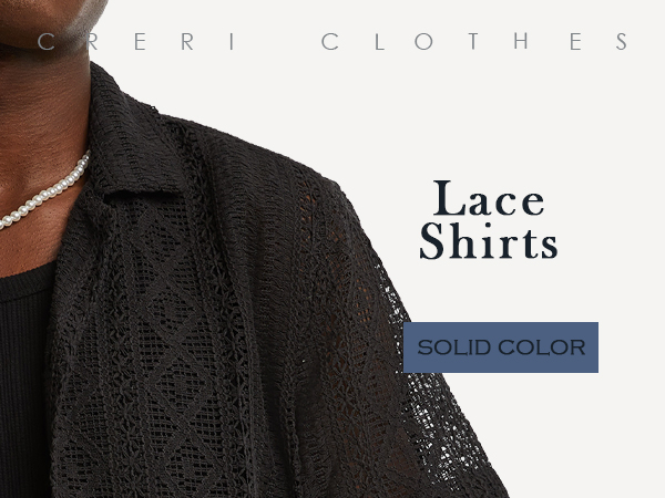 CRERI Men''s Sheer Mesh Lace Shirts, Geometry See Through Button Down Short Sleeve Shirts